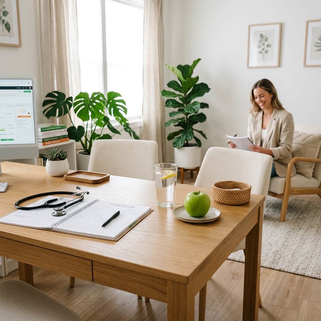 Espaço de atendimento nutricional moderno com prontuário e frutas frescas