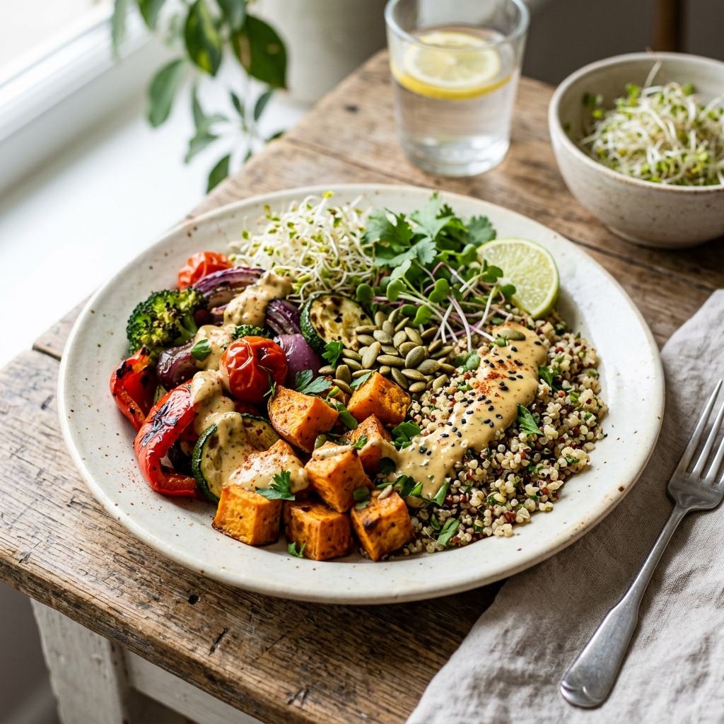 Prato vegetariano colorido com quinoa, legumes assados e sementes